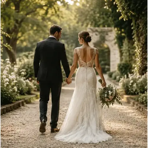 Pareja caminando después de su boda